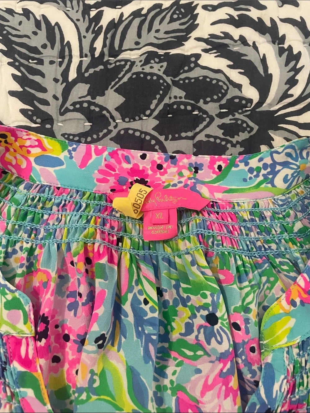 Lilly Pulitzer Multicolor Floral Smocked Waist Blouse in Pink & Aqua - Picture 2 of 2